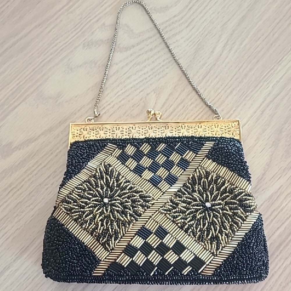 Elegant Black and Gold Beaded Clutch